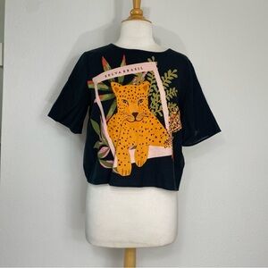 3/$25 Bluesteel Black Cheetah Print Linen Mix Boxy T-Shirt Size Medium Tropical